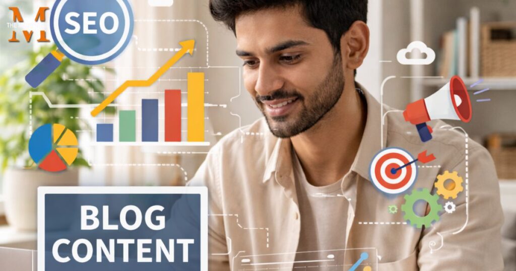 Indian content creator writing blog content with SEO icons and analytics