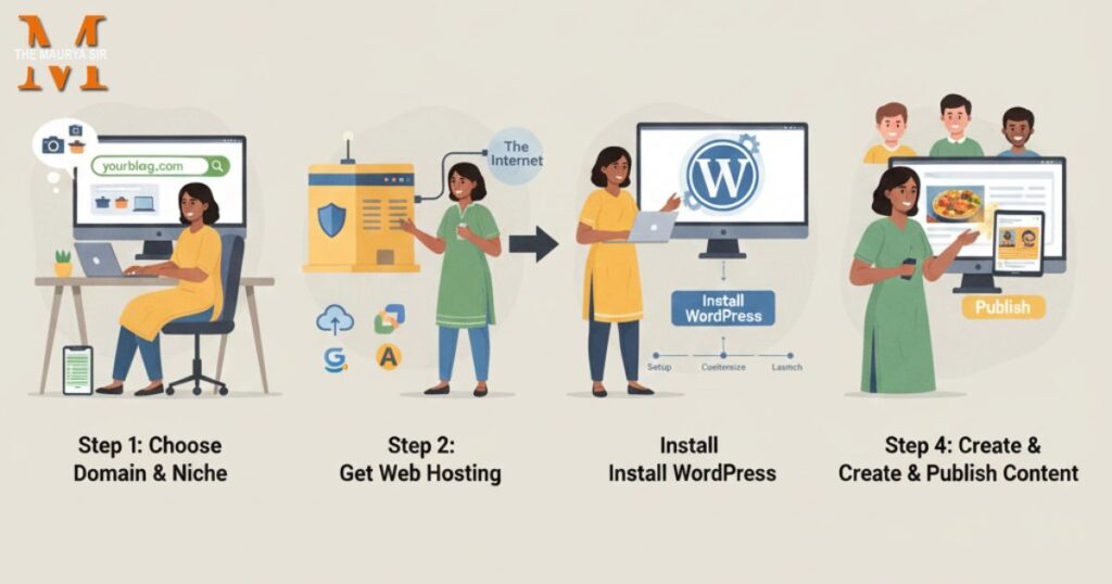 Step-by-step illustration of starting a blog in India