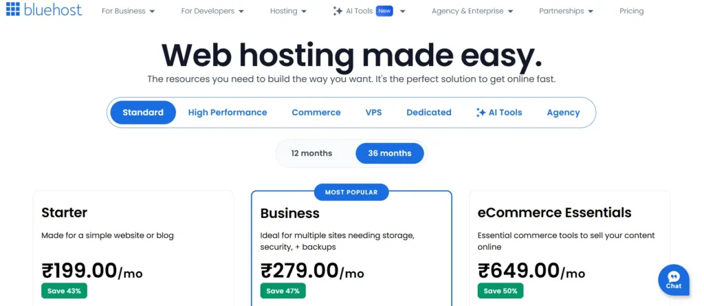 Bluehost Shared Hosting Dashboard